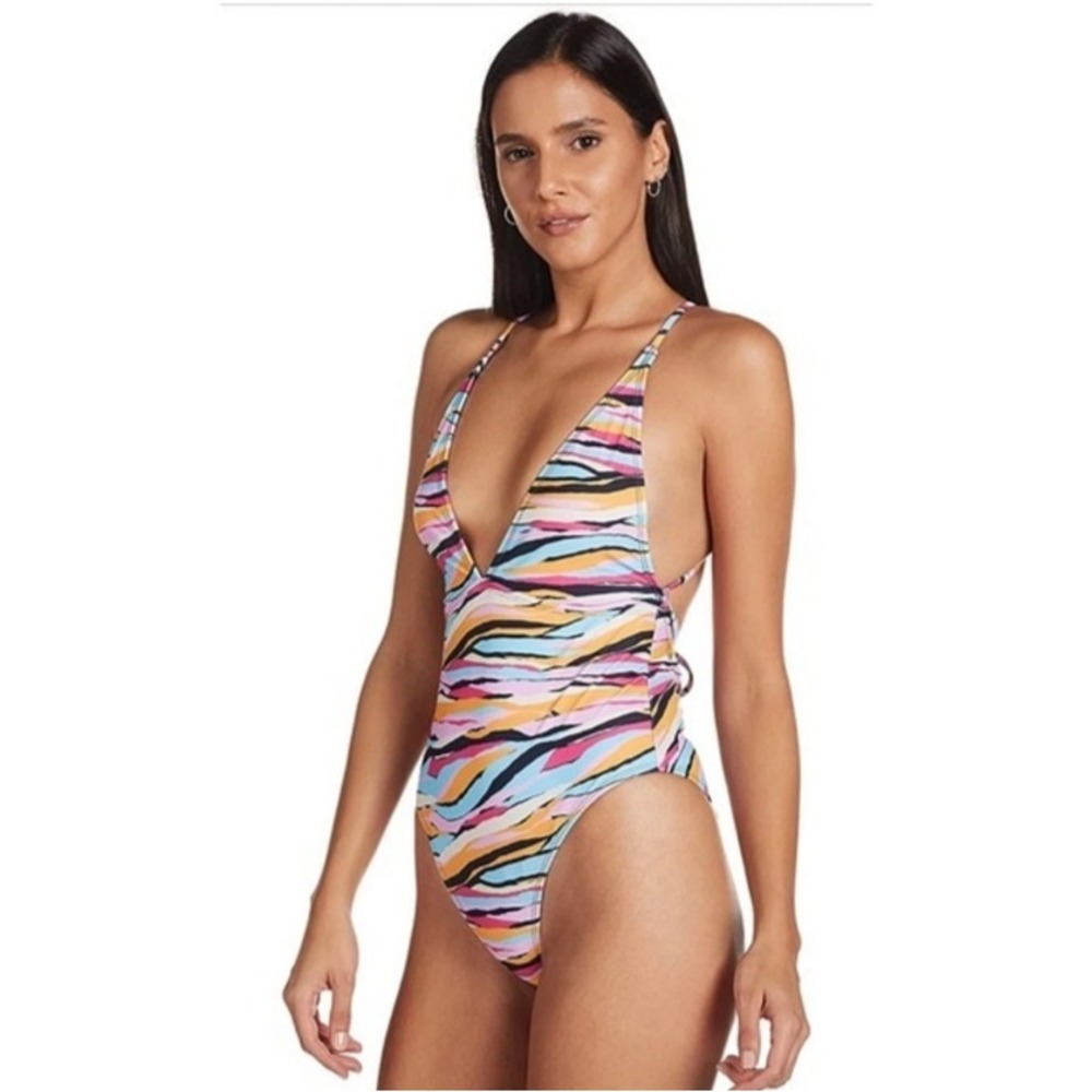 NWT VERO MODA One-Piece Swimsuit Orange Multi Tiger Stripe Self Tie Straps SZ XS